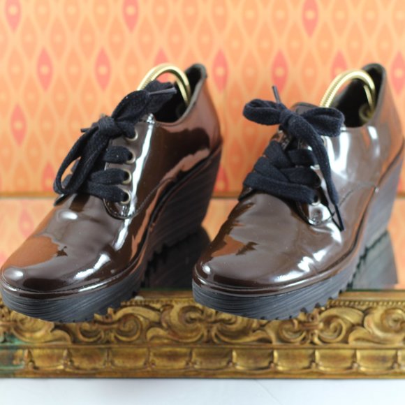 Fly London Chocolate Brown Patent Leather Wedges - Picture 14 of 16